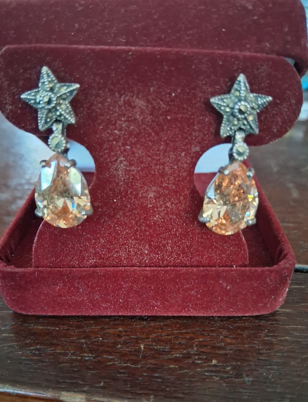 Vintage Sterling Silver Morganite And Marcasite Teardrop Earrings